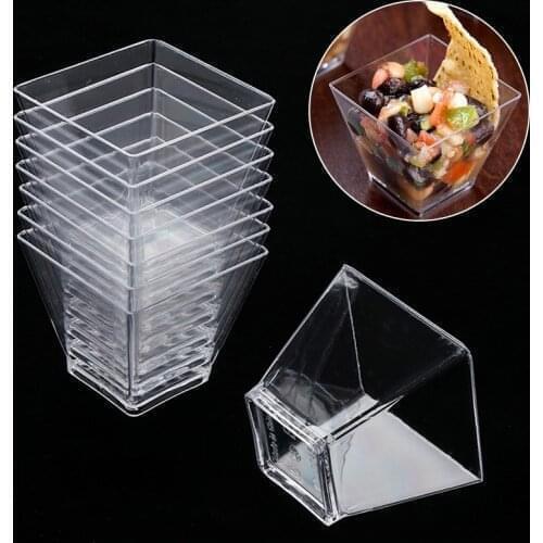 10Pcs Disposable Plastic Cups Transparent Trapezoidal Mousses Dessert Appetizers Cup Spoon Forks Food Container for Jelly Yogurt