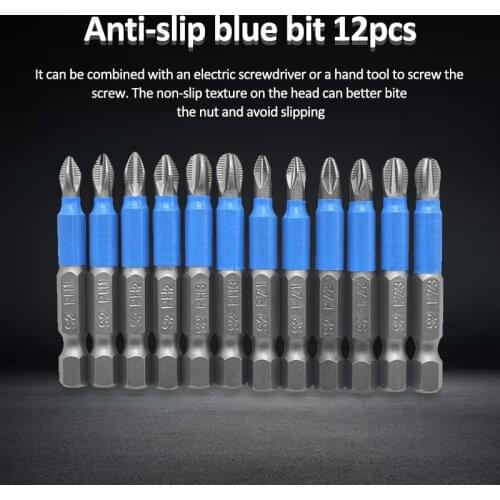 12Pcs Screwdriver Bits Set 50mm PH1 PH2 PH3 PZ1 PZ2 PZ3 Anti-slip with Magnetic 1/4" Hex Shank Fits Hand Electric Drill Driver