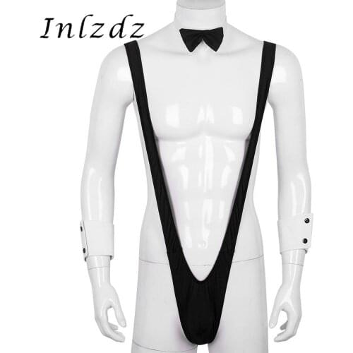 3Pcs Mens Lingerie Mankini Thong Underwear Suspender Bodysuit Style V Sling Stretch Strap Thongs Bodysuit with Bowtie and Cuffs