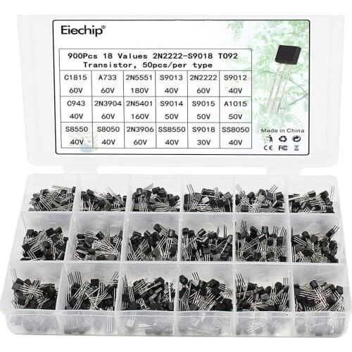 900pcs 2N2222-S9018 Transistors Box Pack NPN PNP TO92 Transistor Assorted Kit 18 values*50pcs S9015 S8050 S8550 2N3904 2N3906