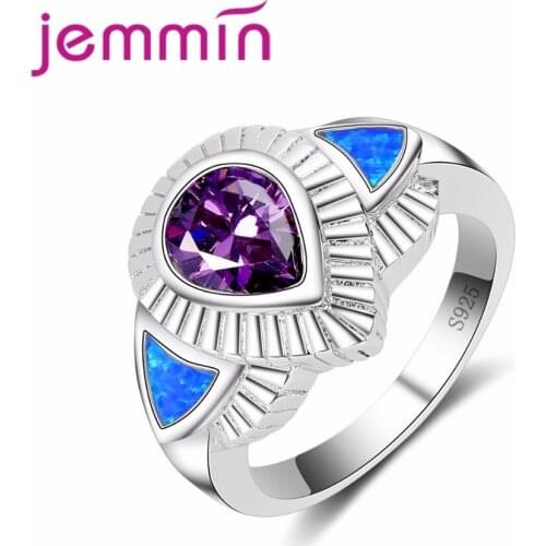 925 Sterling Silver Blue Fire Opal Finger RingLuxury New Purple Water Drop Gemstone Wedding Engagement Rings For Women