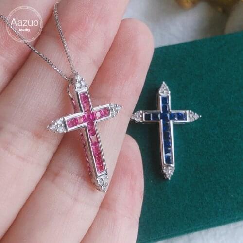 Aazuo 18K White Gold Natural Ruby Saphire Real Diamonds Classic Cross Pendent With Chain Necklace gifted for Women Au750 18 Inch