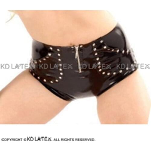 Black Sexy Latex Panties With Pockets And Rivets Rubber Boyshort Briefs Shorts Underpants Underwear Bottom DK-0171