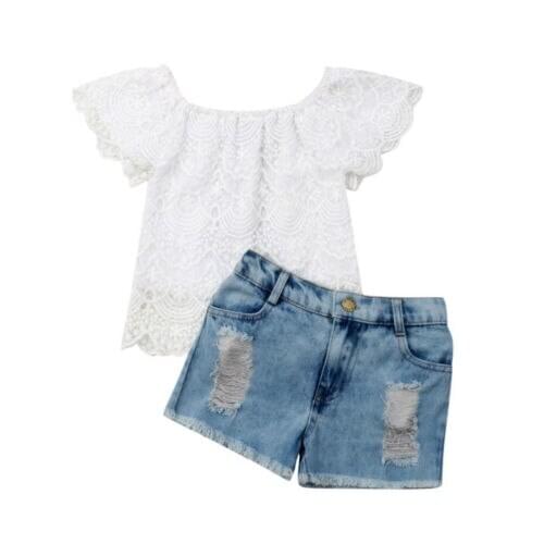 Baby Clothes Toddler Kids Baby Girl Lace Short Sleeve Floral Tops Denim Pants Summer Outfit Set Clothes