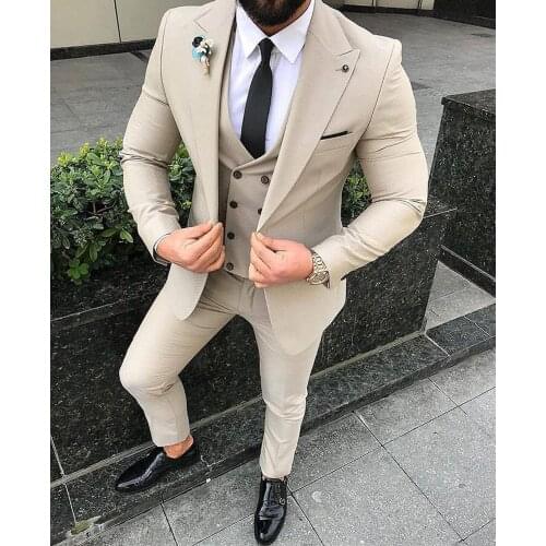 Mens Suits 3 Piece Slim Fit Prom Tuxedos Tweed Shawl Lapel Wedding Grooms Blazer Vest Pants causual