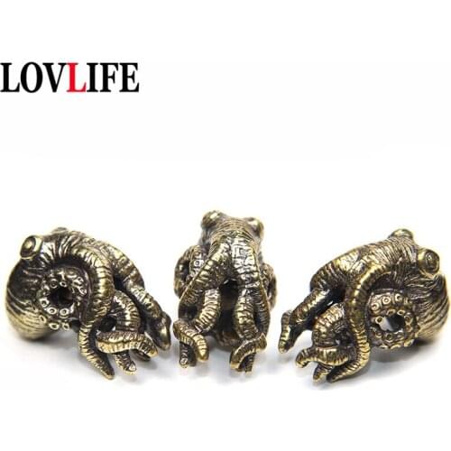 Sea Animal Octopus Knife Bead Vintage Brass Keychain Woven Lanyard Pendants Outdoor EDC Hanging Trinket DIY Paracord Accessories