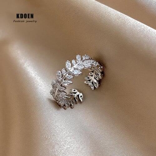 2021 New Design Gothic Zircon Feather Shape Silvery Opening Ring For Woman Fashion Korean Jewelry Party Girls' Luxury Sexy Ring