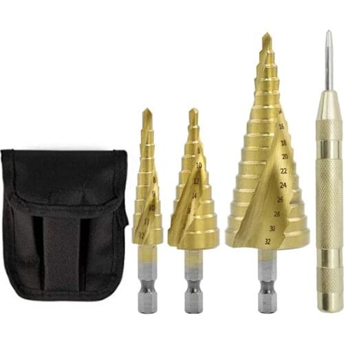 4 IN 1 Step Cone Drill Bit Hole Cutter Dint Tool Hex Shank Step Drills Kit Shank Coated Metal Drill Bit Set with Storage Bag Kit