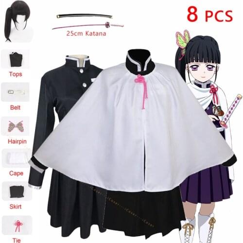 Kids Adults Demon Slayer Tsuyuri Kanawo Cosplay Costume Anime Kimetsu no Yaiba Katana Black Ponytail Wig Battle Suit Uniform