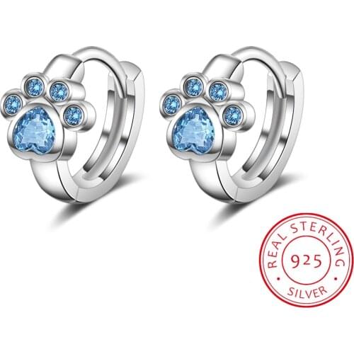 Cute Lovely Cat Paw Hoop Earrings 925 Sterling Silver Blue Cubic Zirconia Earrings For Girls Birthday Accessories S-E1078