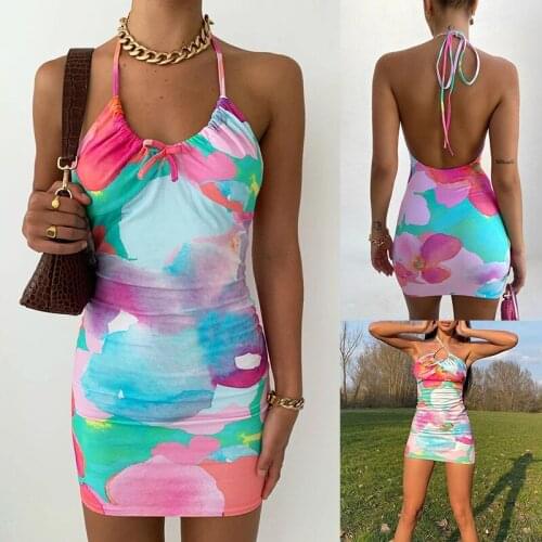 2021 Summer New Womens Tie-dye Printed Halterneck Sexy Backless Slim Dress