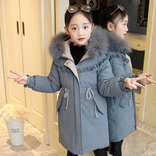 New Winter Girls Thick Down Down Padded Jacket Casual Warm Parka Coat Girls Winter Lace Fur Collar Hooded Zipper Padded Jacket