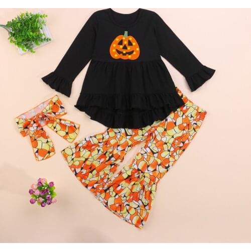Baby Girl Clothes Halloween Outfits Pumpkin Print Ruffle Long Sleeve T shirt + Long Bell Bottom Pants Autumn Spring Clothing