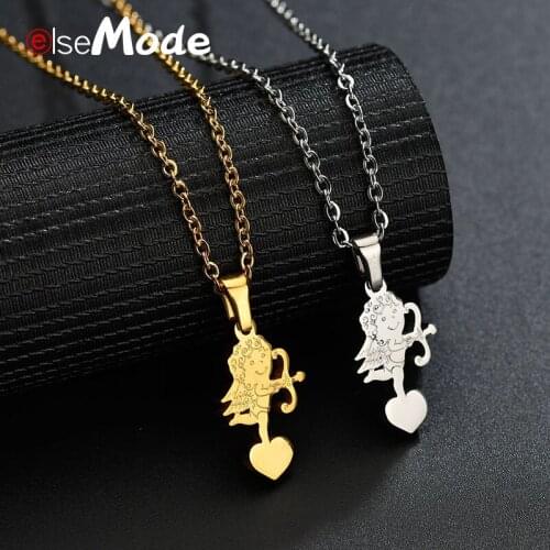 ELSEMODE Cupid Love Heart Wing Necklace 316L Stainless Steel Link Chain Necklaces Luky Jewelry Women Men Valentines Day Gifts
