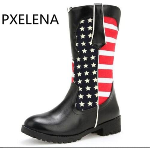 PXELENA Retro Riding Mid Calf Boots Women Design Stars Printing Square Med Heels Knight Motorcycle Boots 2018 Female Shoes 34-43