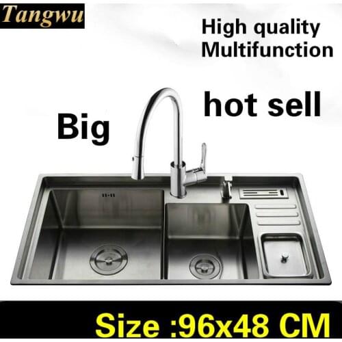 Free shipping Home durable high capacity 304 stainless steel big multifunction kitchen manual sink double groove 96x48 CM