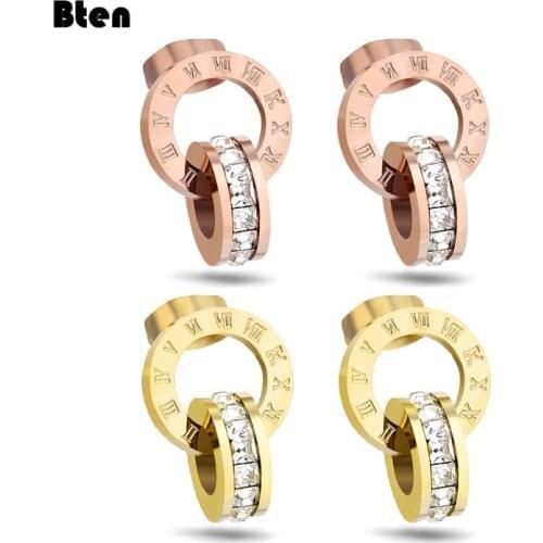 Top Brand Hight Quality Titanium Steel Double Wound Roman Numerals Crystal Stud Earrings For Women Gift Jewelry