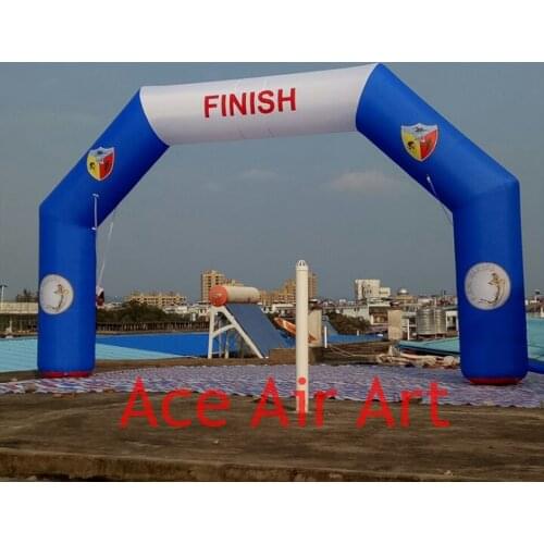 Blue and white inflatable finish line arch with logo for advertising