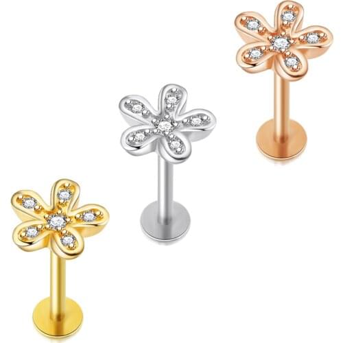 TIANCIFBYJS 16G CZ Flower Labret Piercing Stud Surgical Steel Lip Ring Helix Earring Tragus Earring 6/8mm Bar Body Jewelry 50pcs