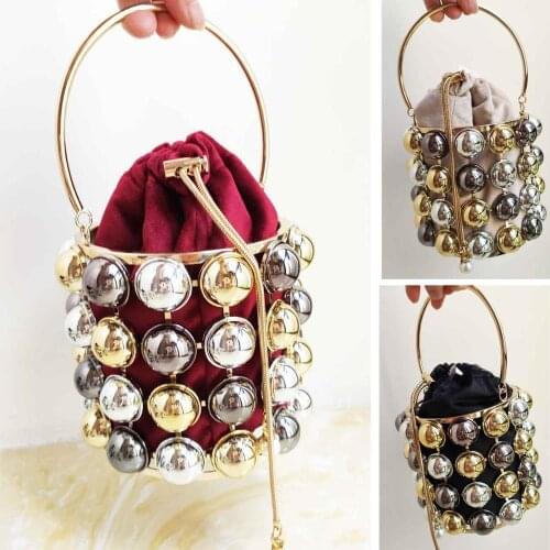 Wine Velvet Box Shoulder Bags Metallic Bucket Mini Tote Bags Chain Party Purse Female Pochette Bags