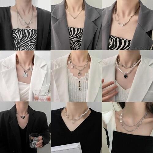 VIVILADY Punk Trendy Titanium Steel Letters Bones Heart Pin Cherry Pearl Chain Pendant Necklace Female Jewelry Drop Shipping