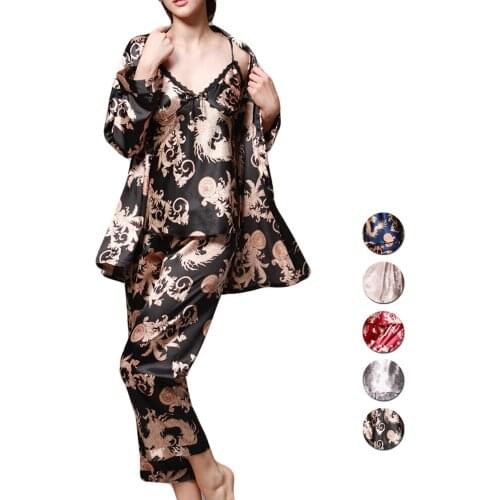 UNLIMON Womens 3Pcs Noble Robe Sets Faux Silk Imperial Nightgown Full Sleeve Ladies Stain Pyjama Sets
