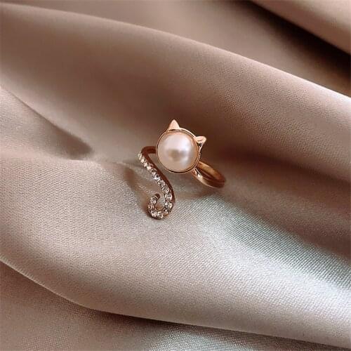 FYUAN Cute Cat Pearl Rings for Women Exquisite Open Adjustable Rhinestonesl Rings Party Jewelry Friend Gifts