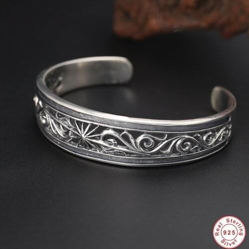 Wholesale 100% S925 Sterling Silver colour Men And Women Retro Thai Silver colour Hollow Sun Open Ended Bangle Bracelet
