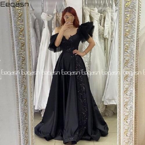 Eeqasn Black Arabic Prom Dresses V Neck A Line Applique Lace Long Formal Evening Dress Turkish Islamic Robe De Soiree Party