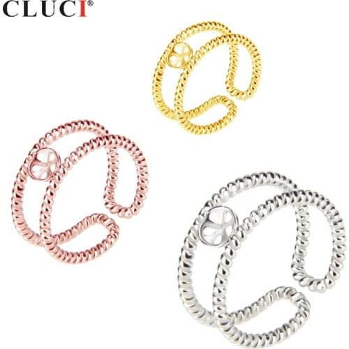 CLUCI Real Silver 925 Double Hollow Loop Pearl Ring Mounting for Women Party Jewelry Sterling Silver Simple Gift Rings SR2049SB