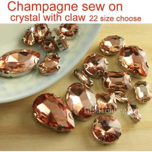 Champagne color glass shapes Stone With ear Metal Claw Setting flatback Sew on rhinetones Buttons For Clothes