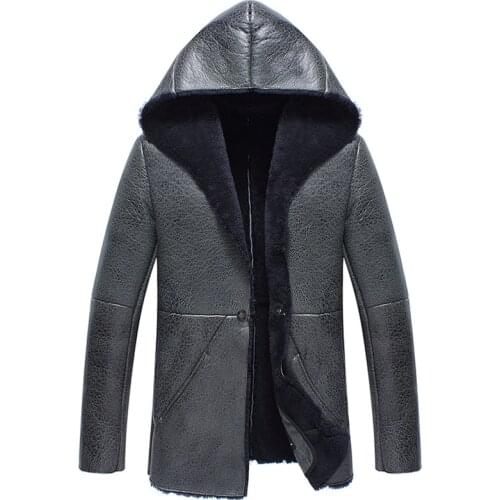 Denny&Dora Gray Color Hooded Mens Shearling Coat Mens Fur Coat B3 Sheepskin Outwear