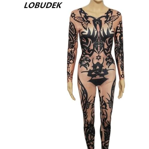 Tattoo Printed Elastic Skinny Nude Jumpsuit Sexy Women Singer Nightclub Stage Wear Bar Club Pole Dance Leotard Leggings Jumpsuit