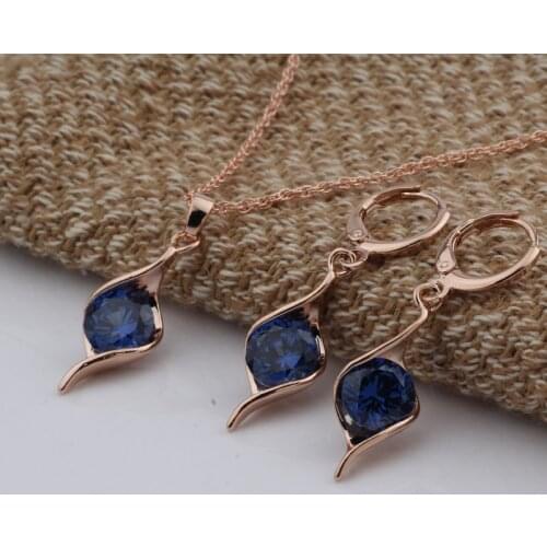 Irina Elegant Jewelry Rose Gold Color Womens/Girls Blue Zircon Chain Necklace + Earrings Wedding Jewelry Sets Gifts