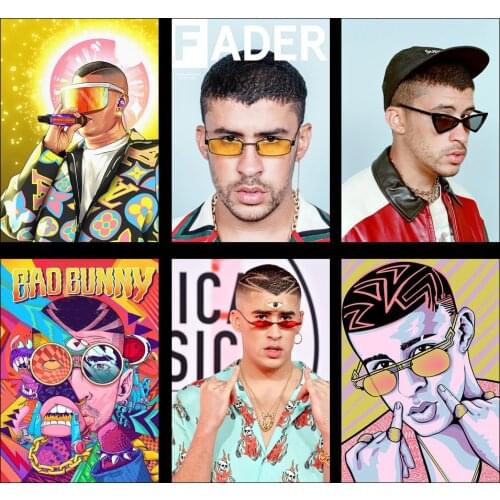 Music Artist Bad Bunny Portrait Paintings Posters Wall Art Prints White Coated Picture Modern Home Room Decoration