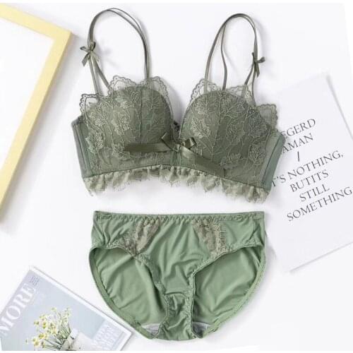 Lace Leaves Embroidery Bra Set Backless Push Up Bras Sexy Lingerie Comfy Adjustable Wireless Bralette Panties Set For Women