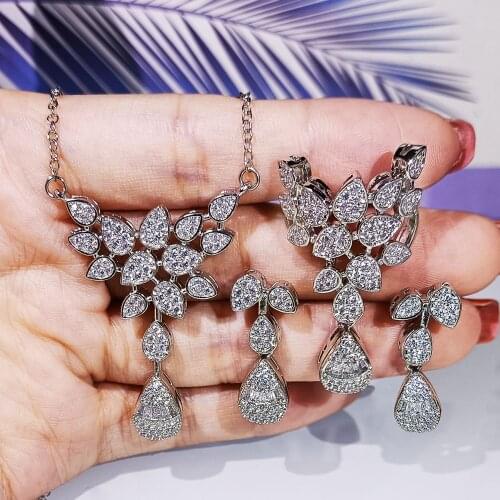Noble 925 Silver Womens Jewelry Set AAAA Zircon Tassel Shape Ring Earring Necklace Bridal Jewelry Set 925silver Jewelry Set