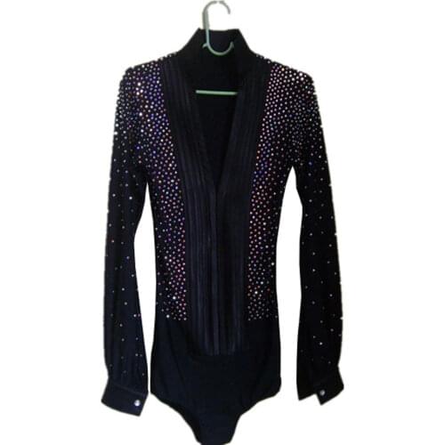 Pink black V neck Men ballroom Latin body shirt rhinestone long sleeve rhinestone in whole shirt