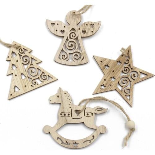 New Christmas Wooden Ornaments 6 pcs Hollow New Year Snowflake Star Angel Christmas Tree Decorations Wood Pendant Christmas Tree