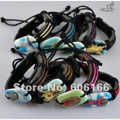 Wholesale 60pcs/lot Leather MIX Holy Icon SAINTS JESUS Angel Virgin Mary Bracelets ID Bracelet Religious Jewelry