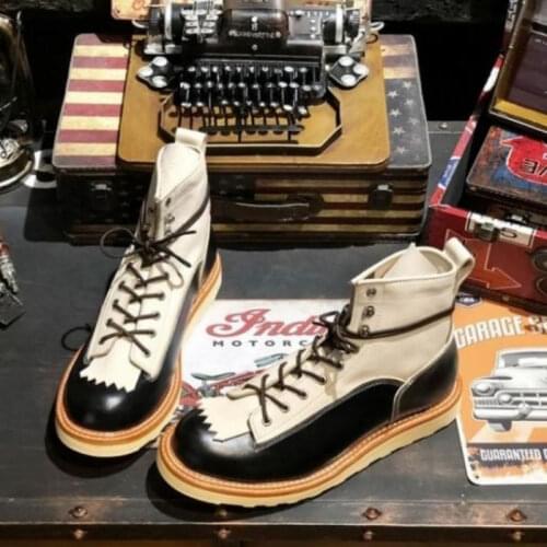 Autumn Men PU Leather Splicing Flat Bottom Lace Up High Top British Retro Casual Work Boots Lace Up Office Formal Shoes KP380