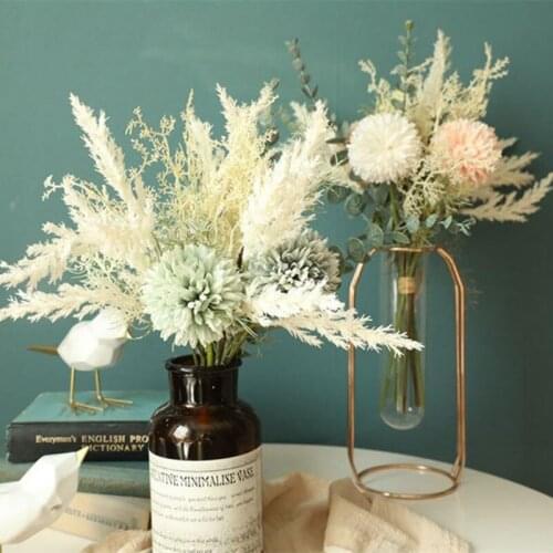 Plastic Artificial Flowers High Quality Dandelion Eucalyptus Hybrid Bouquet Wedding Green Plants Home Decor 38cm Fake Flower