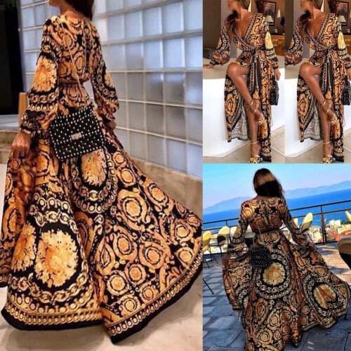 Womens Floral Print Long Sleeve Boho Dress Evening Party Loose Maxi Ladies Retro Dress New