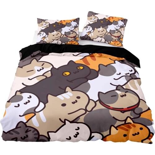 Cartoon Style Cute Cat Pattern Duvet Cover Set With Pillowcase,210x210 Quilt Cover,264×228 Blanket Cover,King Size Bedding Set
