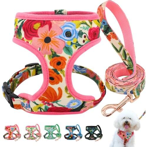 Print Flower Dog Harness Leash Set Forest Floral Pet Puppy Harness Vest Leashes Adjustable for Small Medium Large Dogs Chihuahua