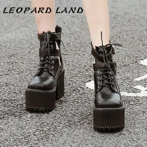 PRETO BRANCO Boots High Heels Round Toe Platfrom Waterproof Boots Black Boots Thick Heel Belt Buckle Winter Boots Women JXQ
