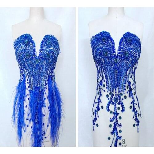 Hand made royalblue sew on Rhinestones applique Ostrich feather decoration trim patches 66*34cm for wedding dress accessory