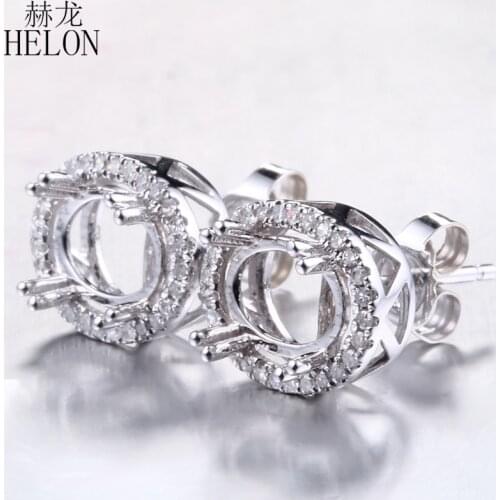 HELON Diamonds Women Earrings Solid 14K White Gold Natural Diamonds Semi Mount Stud Earrings Fit 5x7mm-6.75x8.75mm Oval Cut