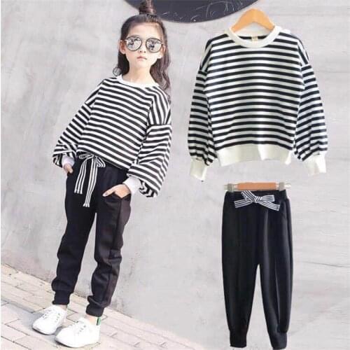 Teenager girls fashion lantern sleeve Striped tops + black pants 2pc Tracksuit Childrens Clothing Sets Kids Sprot Clothes