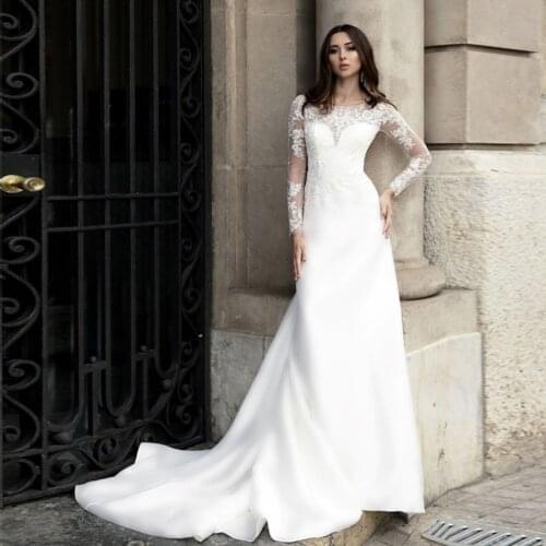 Sheath Long Sleeve Wedding Dresses Custom Made White Appliques Bridal Gowns Floor Length Vestido De Noiva